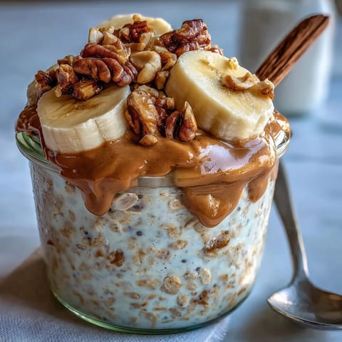 Thick overnight oats topped with fresh blueberries and a peanut butter swirl on a white plate.