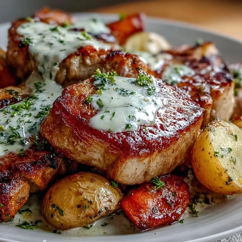 Golden brown Crockpot Ranch Pork Chops covered in creamy gravy, served with tender potatoes and glazed carrots.