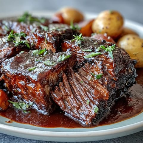 Golden-brown beef pot roast with tender carrots, celery, and baby potatoes in rich red wine gravy.