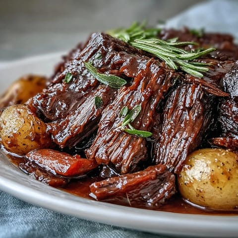 Slow-braised beef pot roast served in a Dutch oven, garnished with fresh parsley for a hearty dinner.