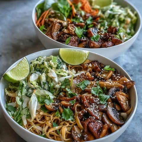 Steaming, savory noodles and crunchy vegetables fill a colorful serving bowl. 