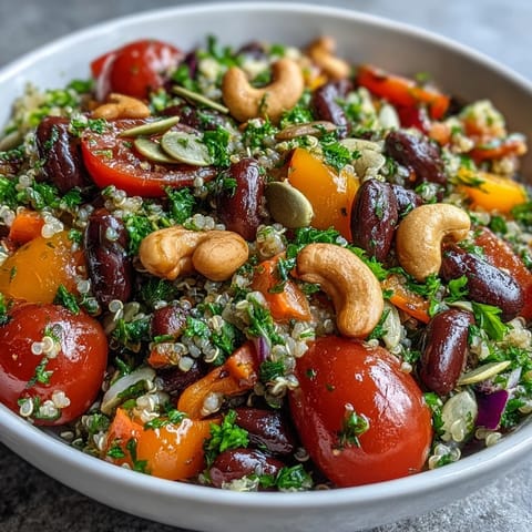 Colorful vegetarian Rainbow Salad Bowl topped with roasted cashews and pumpkin seeds, perfect for a healthy lunch or dinner main dish.