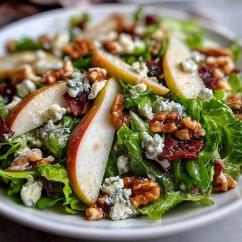 Frisée Pear Blue Cheese Bowl with crispy prosciutto, sliced pears, and crumbled cheese, ready to serve.