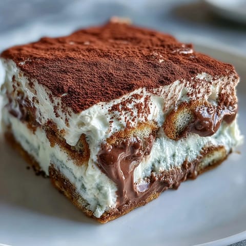 Creamy hojicha tiramisu layered with soaked ladyfingers and dusted with rich cocoa powder.