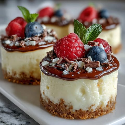 Housewarming Mini Cheesecakes with a golden cookie crust and creamy vanilla filling, topped with fresh berries for a festive bite-sized dessert.