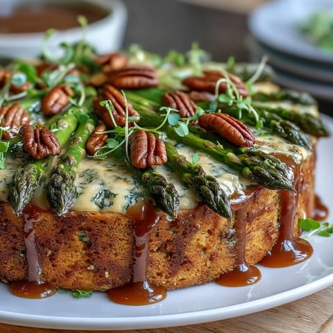 Vibrant spring asparagus tart with puff pastry, topped with creamy cheese and fresh herbs, perfect for a light vegetarian meal.