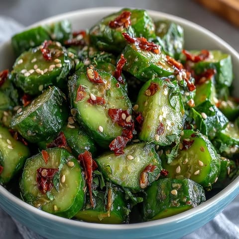 Smashed cucumber salad with garlic chili oil, vibrant and crunchy, drizzled with fragrant spicy garlic oil.  