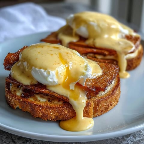 Classic Eggs Benedict with creamy hollandaise sauce, perfectly poached eggs, and Canadian bacon on toasted English muffins.