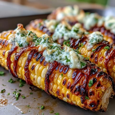 Grilled BBQ corn in foil, slathered with fragrant herb butter, served hot off the grill.