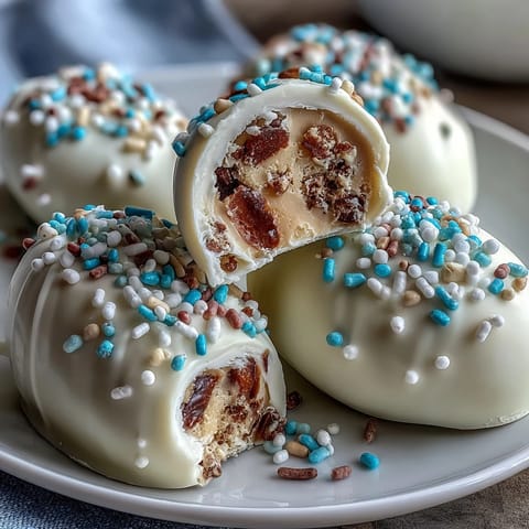 Creamy peanut butter eggs coated in white chocolate and decorated with colorful sprinkles, perfect for Easter celebrations and holiday dessert tables.