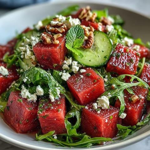 A vibrant watermelon and arugula salad with feta, mint, and a tangy lime vinaigrette for a refreshing summer meal.