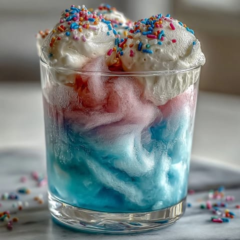 Whimsical cotton candy lemonade float with fluffy pink candy, creamy vanilla ice cream, and bright citrus in a tall glass.