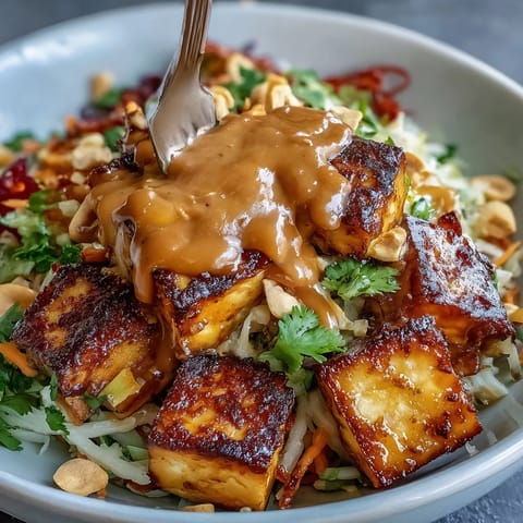 Bright Thai Mango Mango Salad with Crispy Tofu, drizzled with peanut sauce.