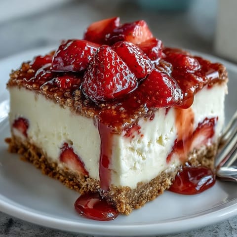 Fresh strawberry cheesecake bars with creamy filling and buttery graham cracker crust, perfect for summer gatherings.