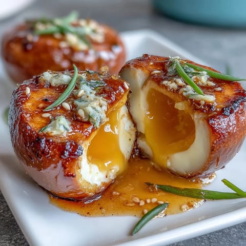 A close-up of spicy miso marinated eggs with a glossy, savory glaze, perfect as a ramen topping or savory snack.  