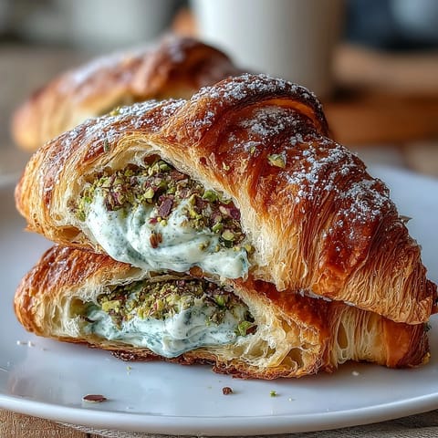 Flaky Pistachio Cream Croissant dusted with powdered sugar, baked golden brown with filling.