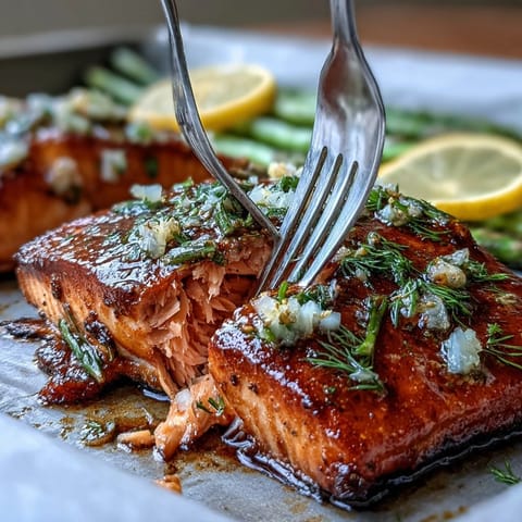 Glistening One Pan Lemon Herb Salmon with tender asparagus, a healthy weeknight delight.