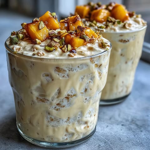 Creamy mango lassi overnight oats with fresh mango chunks and a sprinkle of cardamom in a glass jar.  