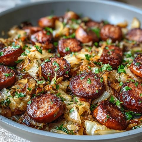 Savory cabbage and sausage skillet with caramelized onions, sliced carrots, and a hint of caraway seeds for a comforting meal.