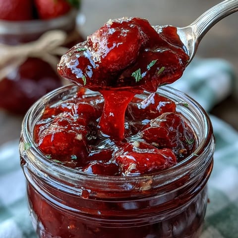 Vibrant cottagecore strawberry jam simmering in a pot, rich with fruit and perfect for toasting.