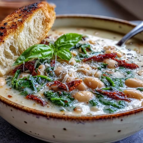 Creamy Tuscan White Bean Soup with tender beans, spinach, and sun-dried tomatoes in a rich broth.  