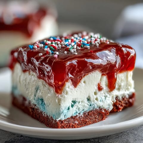 Festive Patriotic Poke Cake with vibrant gelatin filling and creamy white chocolate ganache.