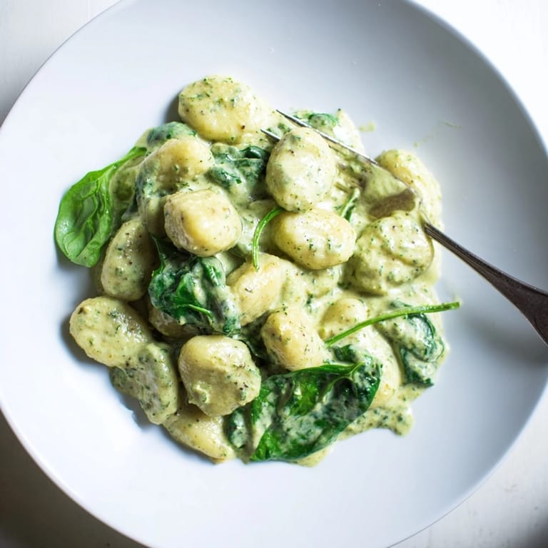 Homemade Creamy Pesto Gnocchi recipe with vibrant green pesto and tender spinach leaves.