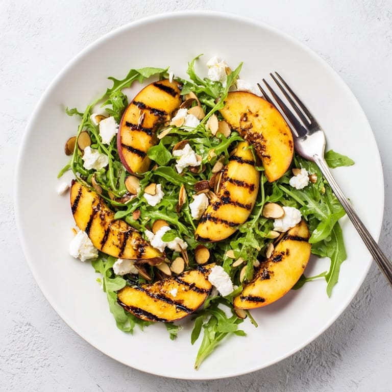 Making Grilled Peach & Arugula Salad: juicy peaches char on the grill, ready to serve.