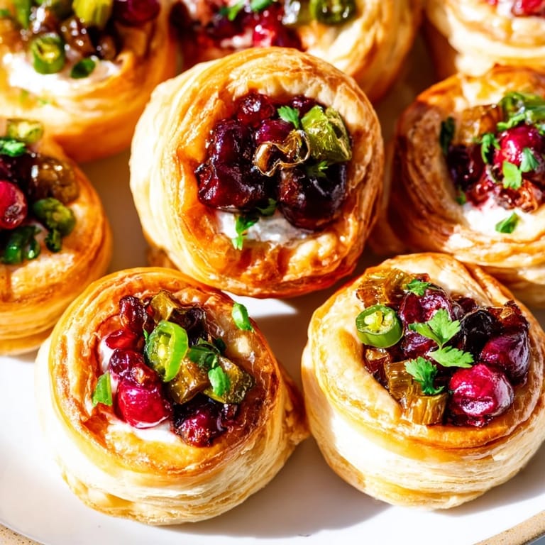 Festive cranberry jalapeño dip puff pastries served warm, bursting with flavor and color.  