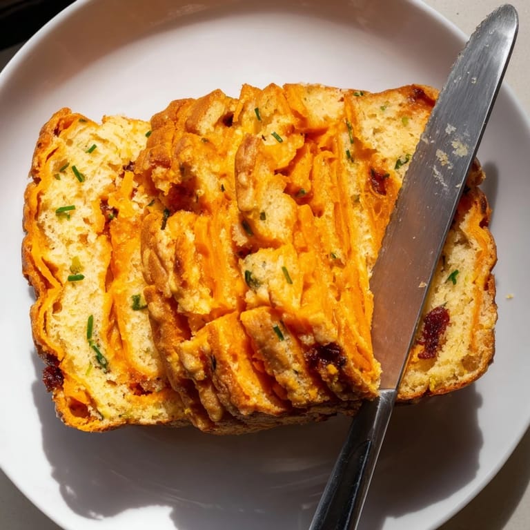 Warm slices of Flaky Sweet Potato Cheddar Muffin Loaf, served with butter and chives.