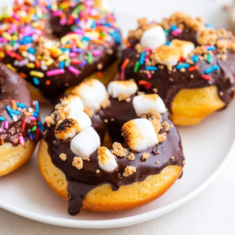 Whimsical Smores Birthday Cake Biscuit Donuts drizzled with rich chocolate and sprinkles.  