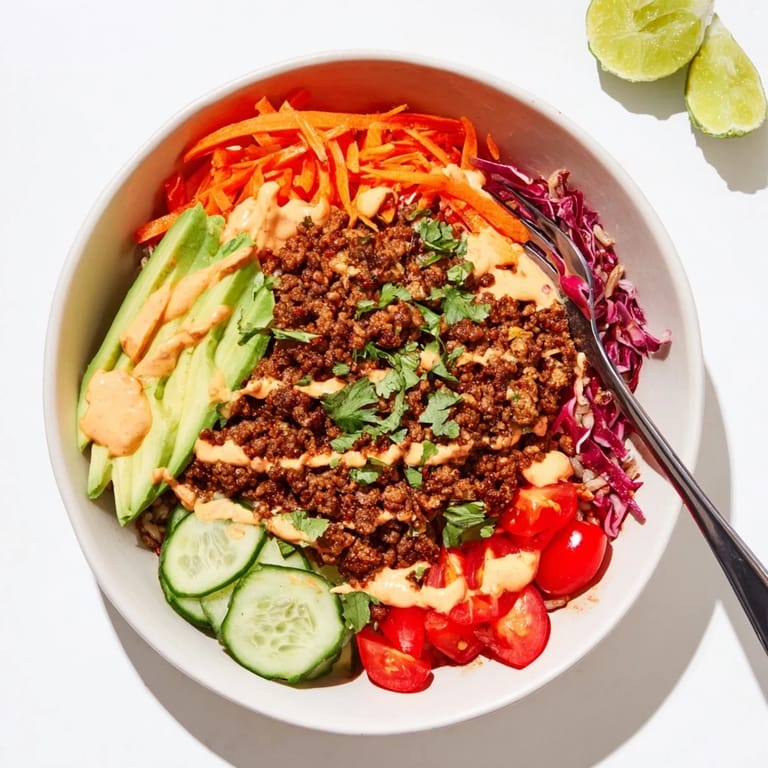 Savory plant-based meat bowl, vibrant with avocado, carrots, and spicy mayo drizzle.  