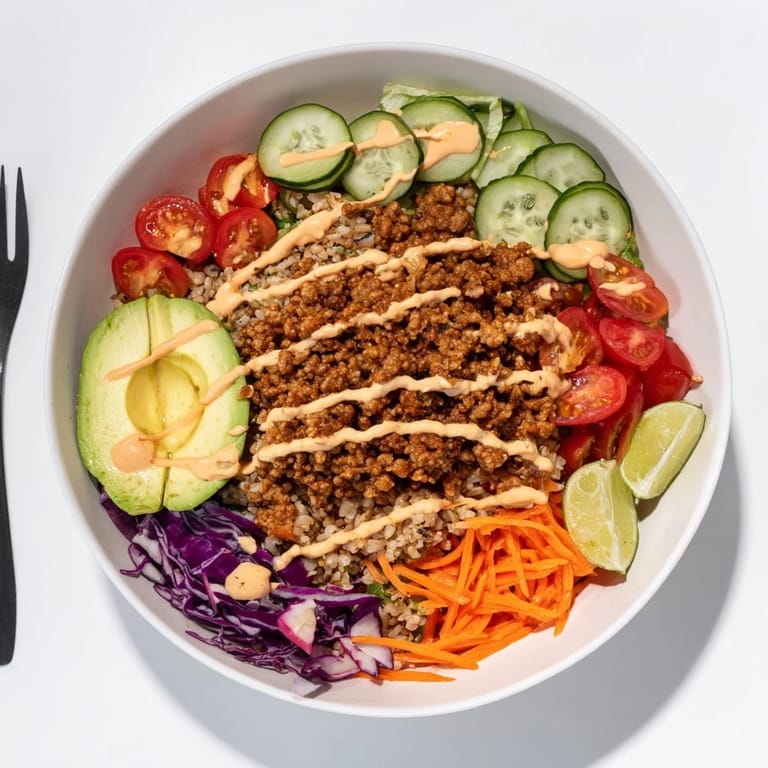 Delicious plant-based meat bowl served with quinoa and a sprinkle of cilantro.