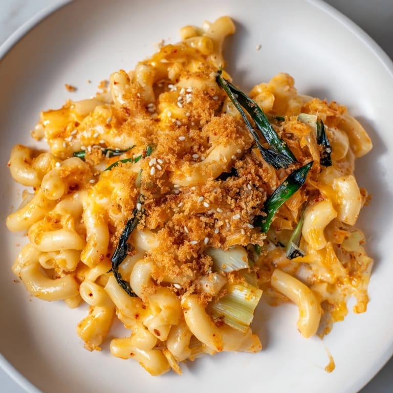 Indulge in Spicy Kimchi Mac & Cheese, featuring melted cheeses and savory kimchi.  