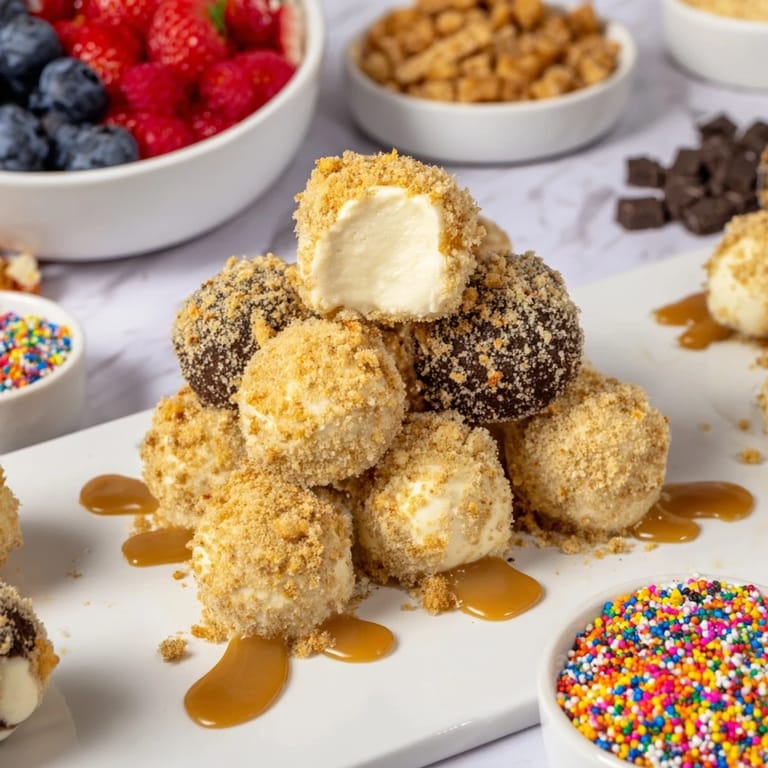 Interactive cheesecake bites on a stylish dessert board surrounded by delicious toppings.  