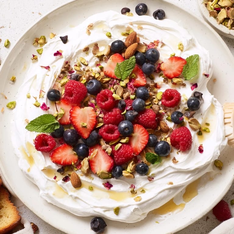 Whipped cream cheese spread on a board, topped with vibrant berries and nuts.  