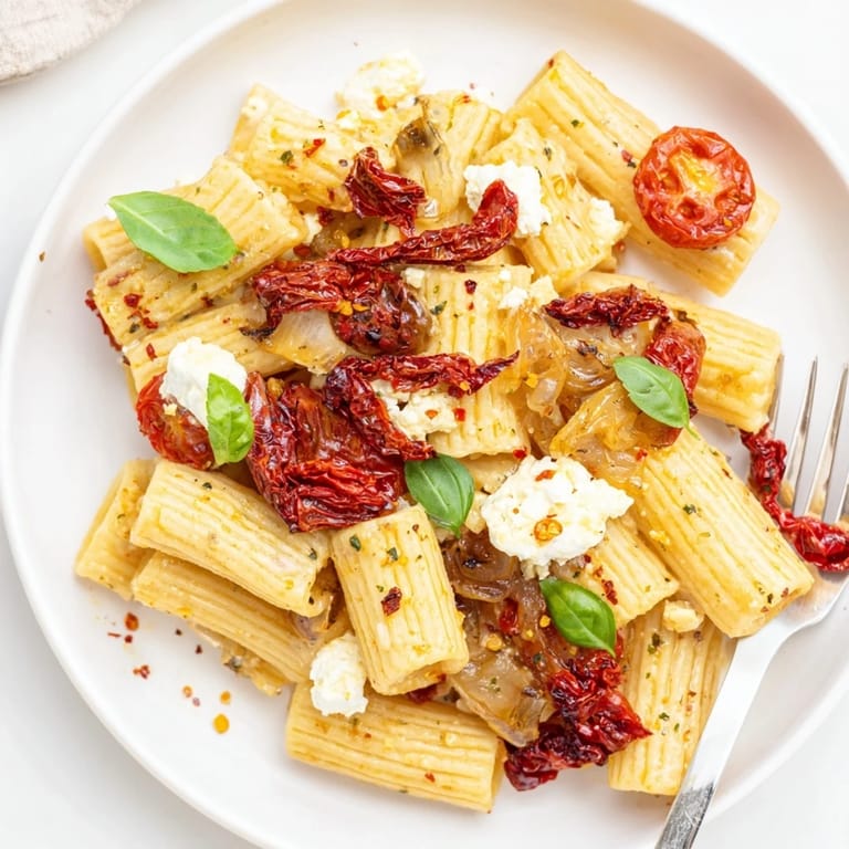 Baked feta pasta drizzled with olive oil and fresh basil for a flavorful finish.  