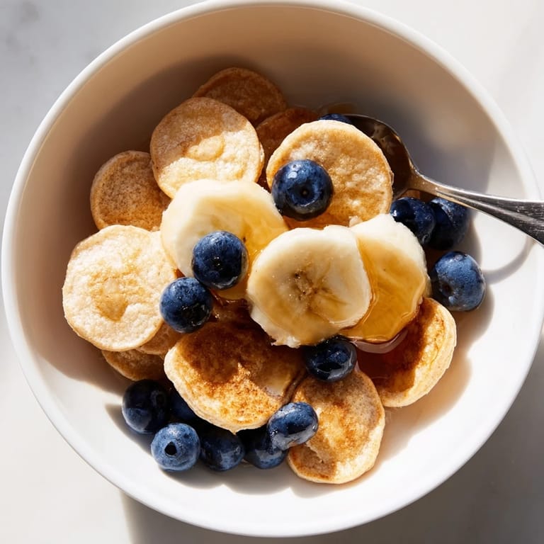 Bite-sized Mini Pancake Cereal, fluffy and crispy, perfect with milk or honey.  