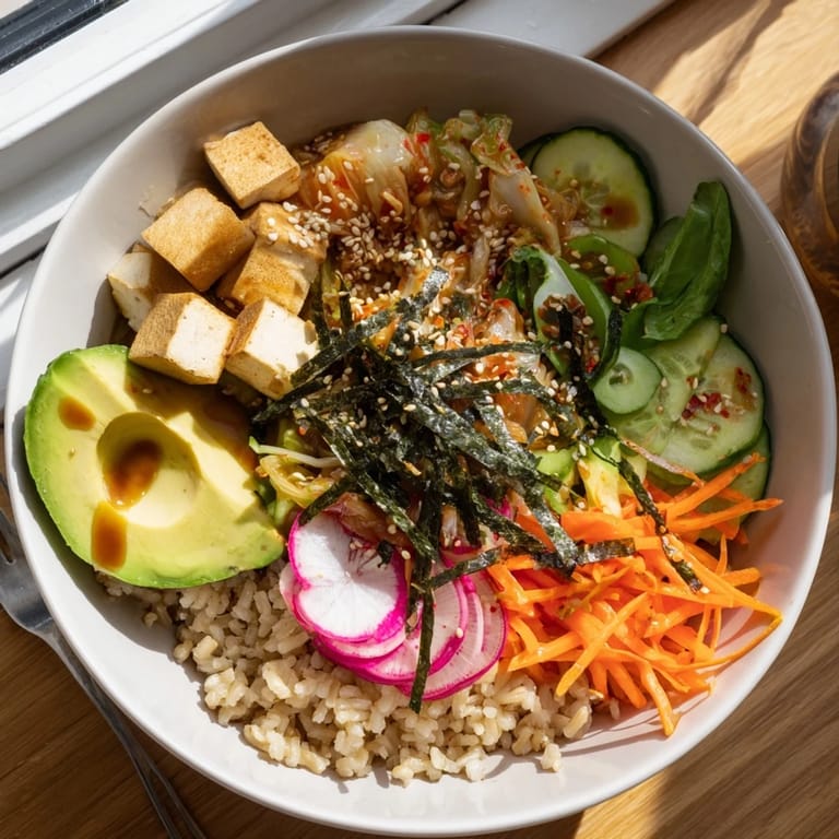 Vibrant fermented vegetable bowl served with avocado, cucumber, and a savory dressing.  