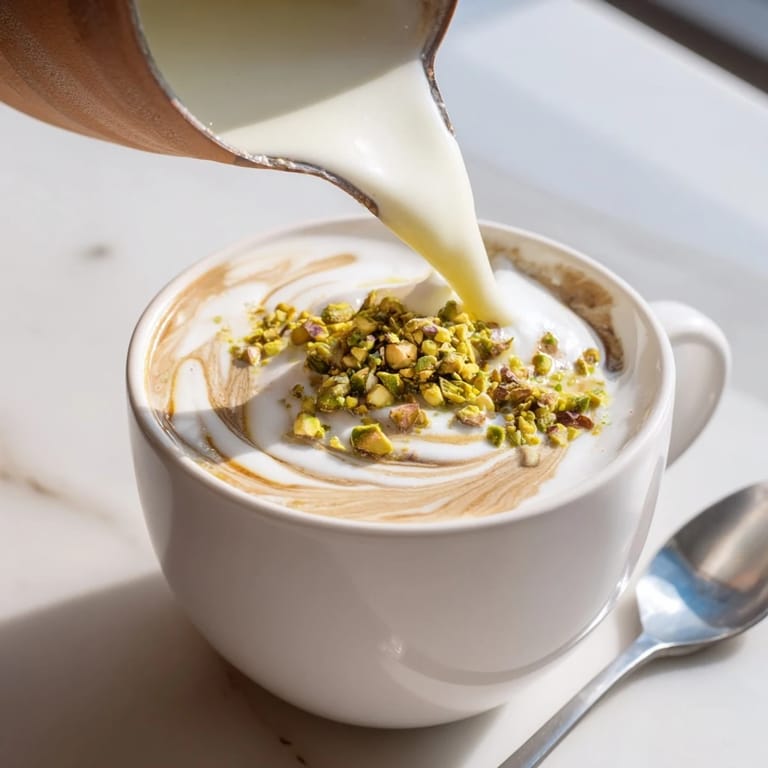Nutty and fragrant pistachio milk latte, garnished with crushed pistachios, inviting and delicious.
