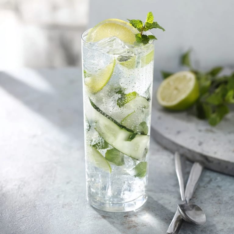 Colorful, flavorful mocktails blending coconut syrup with fresh cucumber and mint leaves.