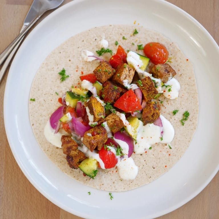 Savory vegan meal featuring marinated tofu and fresh vegetables in a warm pita.