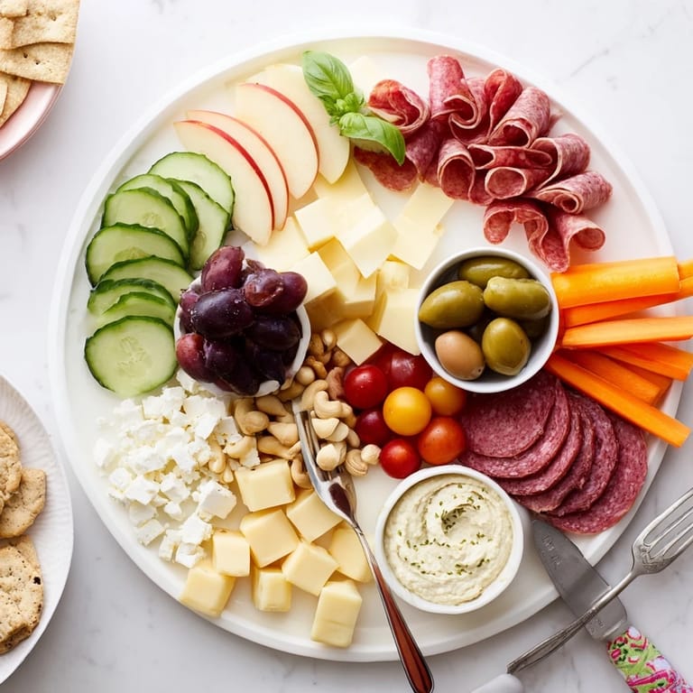 An inviting Girl Dinner Platter filled with fresh vegetables, dips, and savory meats.  