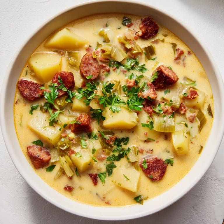 This delicious potato, leek & chorizo soup features visible chorizo pieces with a creamy texture.