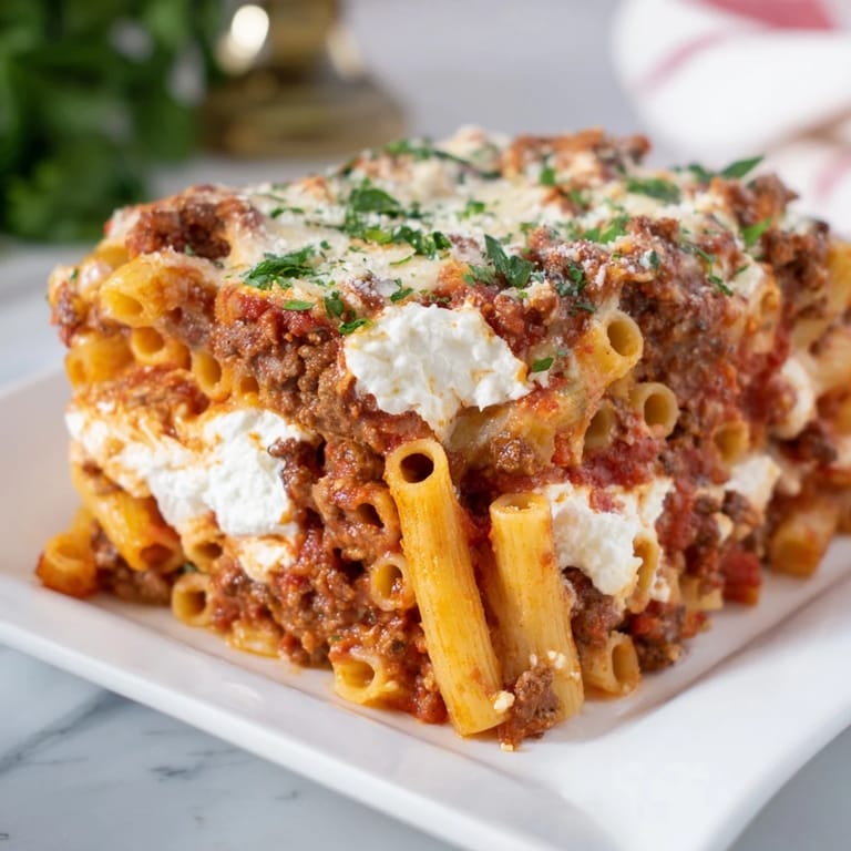 Delicious, homemade Baked Ziti ready to serve, with a generous portion of cheesy goodness.