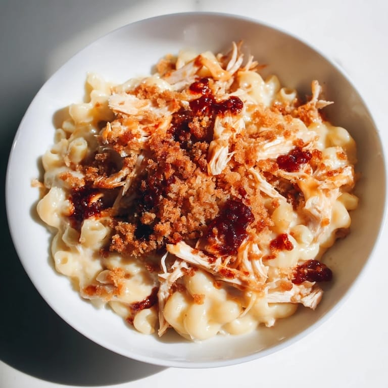 A close-up of cheesy Classic Mac & Cheese with BBQ Chicken, showcasing a comforting, saucy texture.