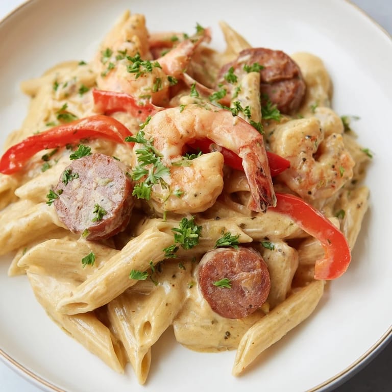 Enjoy a flavorful bite of this Cajun Sausage & Shrimp Alfredo Pasta Skillet, garnished with fresh parsley for serving.