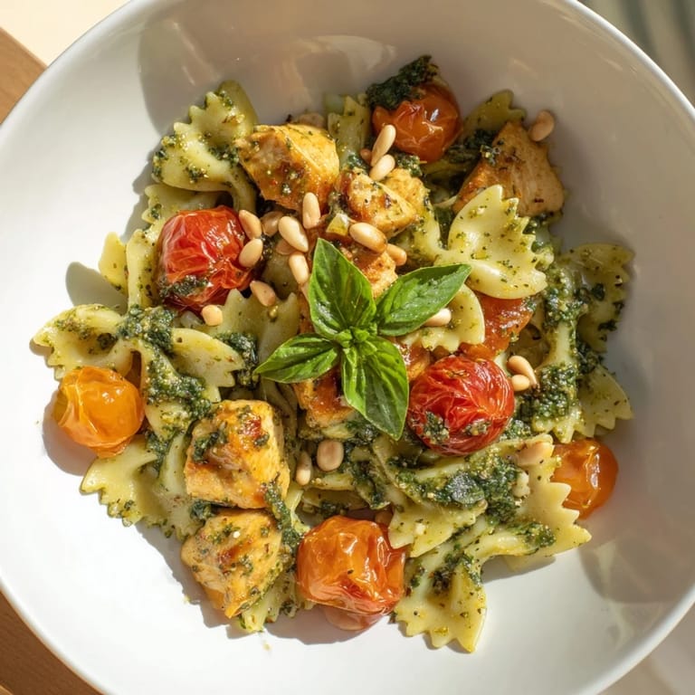 Delicious Pesto Chicken Bowtie Pasta, featuring bright red tomatoes and fresh basil presented beautifully.