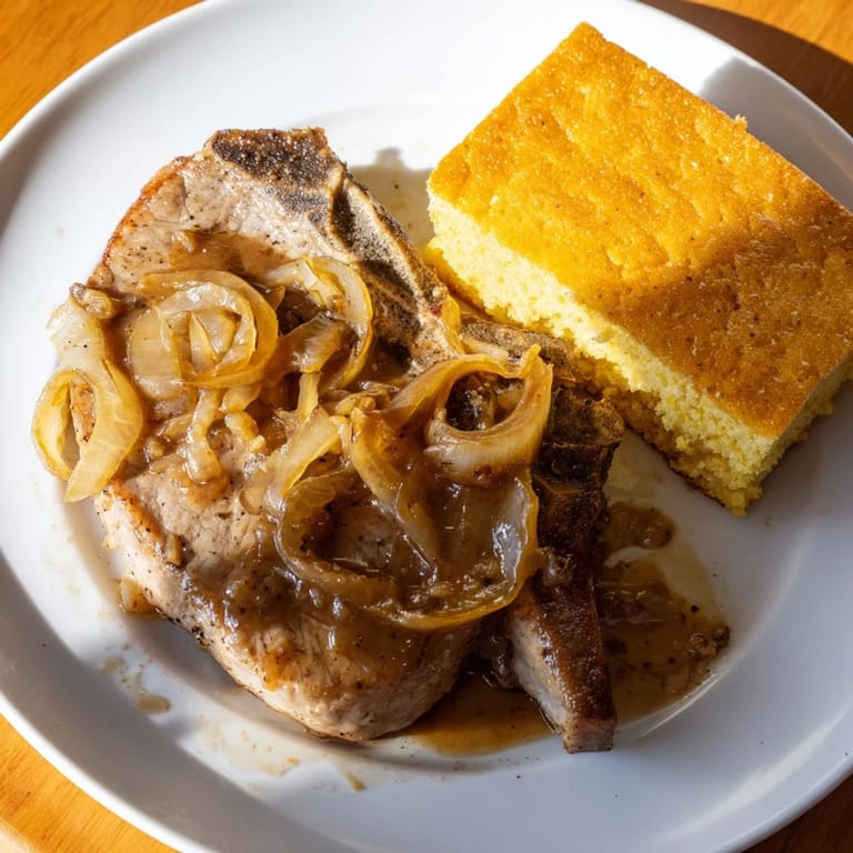 Tender smothered pork chops with a flavorful gravy over the top, served with fresh, buttery cornbread.