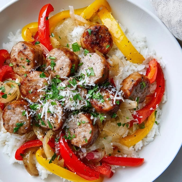 This image shows the comforting Italian Sausage & Peppers Rice Plate, a delightful combination of flavors and textures.